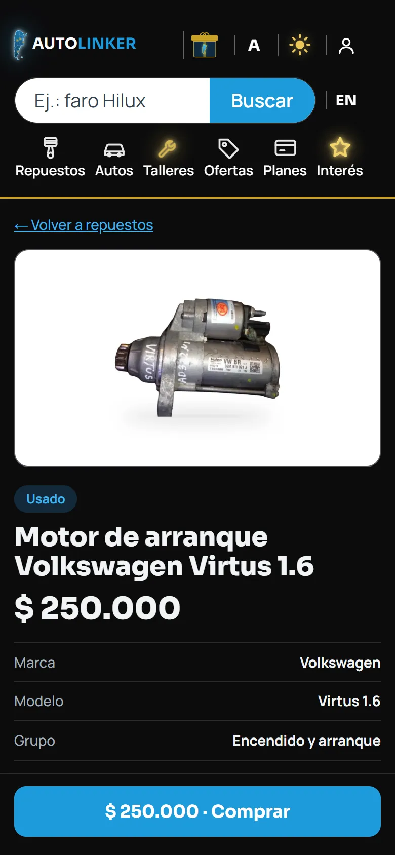 Publicación de una pieza usada en modo noche, con su precio y botón Comprar