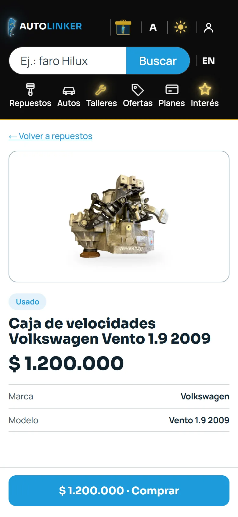 Publicación de una pieza usada en modo día, con su precio y botón Comprar